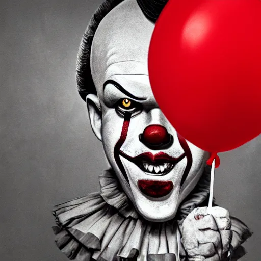 Prompt: detailed conceptual portrait pennywise the clown handling red baloon, dark background, poster