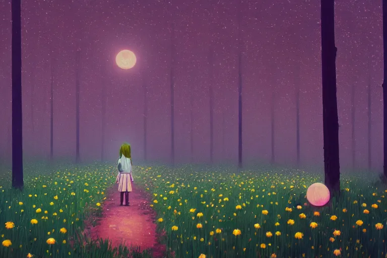 Image similar to giant bunch of daisy flowers head, girl walking in dark forest, surreal photography, dark night, stars, moon light, impressionist painting, clouds, digital painting, artstation, simon stalenhag