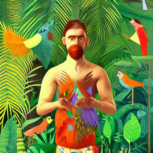 Prompt: mystical folk birdhuman character on a tropical forest, realistic proportions, glitch art, poster art, in the style of henri rousseau and pablo amaringo