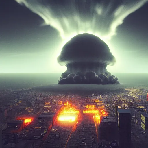 Image similar to nuclear explosion in a city, dramatic lighting, raytraced, trending on artstation