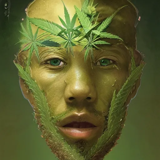 Prompt: a man made of hemp, with a head in the form of a cannabis bloom, like baby grut, green skin, character, art by james jean and greg rutkowski!!, realistic face, digital art, chibi style, golden ratio, perfect composition, trending on artstation, 8 k