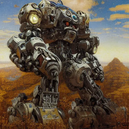 Image similar to highly detailed painting of a robotic humanoid gorilla mecha, painting by gaston bussiere, craig mullins, j. c. leyendecker, lights, art by ernst haeckel, john william godward, hammershøi, alex grey, dmt, symmetric, masterpiece details, hyper - detailed, hd, hdr, 4 k, 8 k