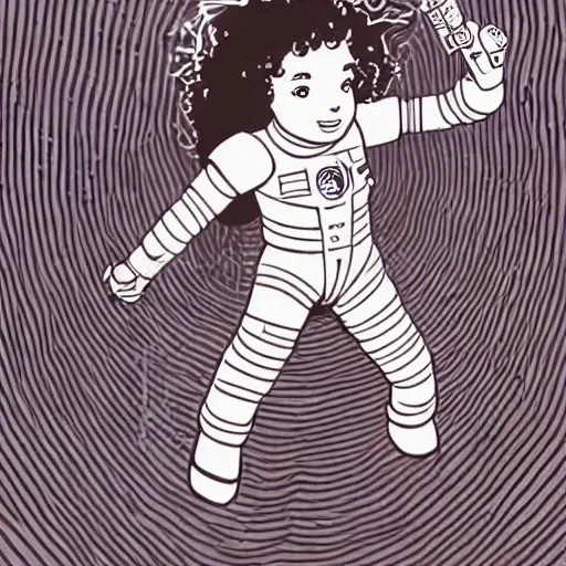 Image similar to clean simple line art of a little girl with wavy curly hair floating in space. she is an astronaut, wearing a space suit. white background. well composed, clean black and white line drawing, beautiful detailed face. illustration by josan gonzalez and steve ditko and greg rutkowski