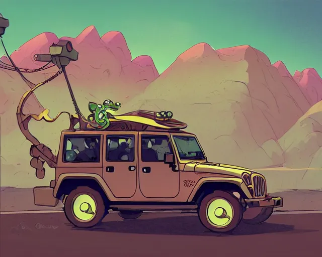 Prompt: a study of cell shaded cartoon frog driving a jeep on a desert road, street lamps, road, illustration, wide shot, subtle colors, post grunge, concept art by josan gonzales and wlop, by james jean, victo ngai, highly detailed, sharp focus, trending on artstation, hq, deviantart, art by artgem