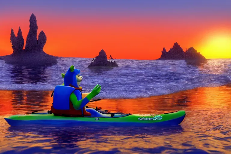 Image similar to a photo of shrek and sonic kayaking in the ocean during a beautiful sunset, photorealistic, hd, 8 k