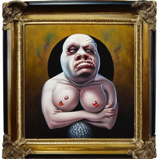 Prompt: Oil painting with black background by Christian Rex Van Minnen Robert Williams Todd Schorr of a portrait of an extremely bizarre disturbing mutated man with acne intense chiaroscuro lighting perfect composition