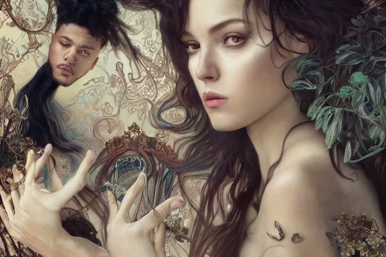 Image similar to Music video screenshot of The Weeknd song Save your tears, unreal, fantasy, intricate, elegant, dramatic, highly detailed, photorealistic, digital painting, painterly, artstation, concept art, smooth, sharp focus, art by John Collier and Krenz Cushart and Artem Demura and Alphonse Mucha and Albert Aublet