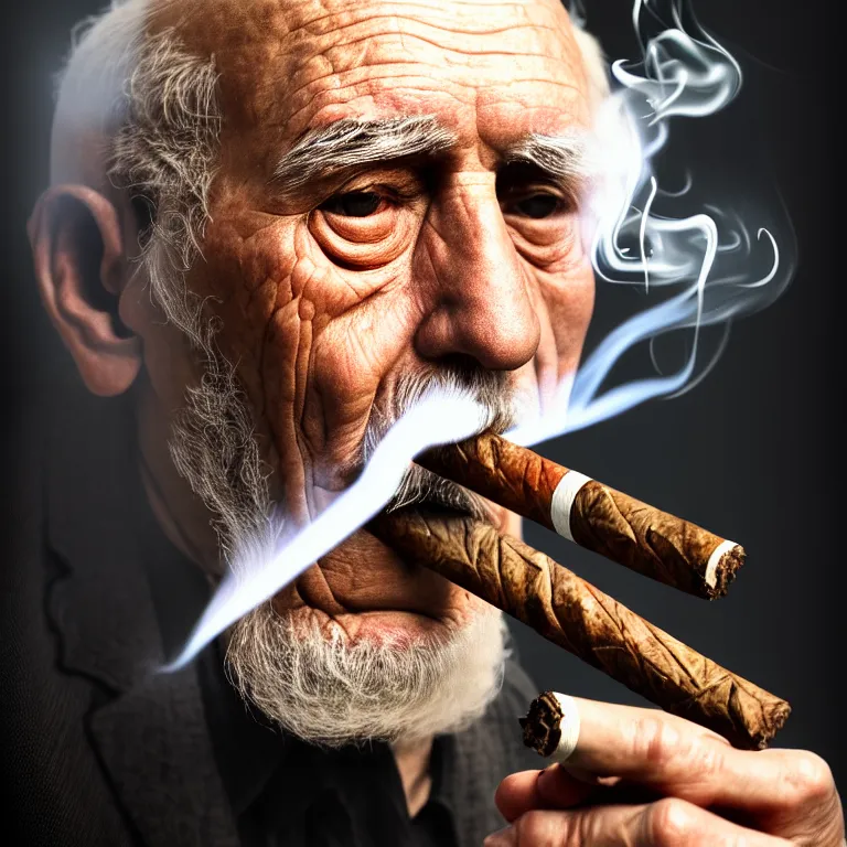 Image similar to a detailed portrait of an old man, smoking a lit perfectly symmetrical cuban cigar, cinematic photography, smoke rising like clouds, beautifully symmetrical, super resolution, cgi, trending on art station, volumetric lighting & shadows, hyper detailed, 8 k, unreal engine, canon 2 0 0 mm,