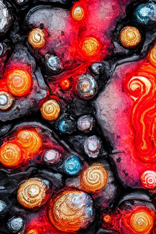 Image similar to A single elemental firestone burning hot and covered in flowing fluid art. Set aflame. Ruby Stone. Liquid Gold. Lava. Crystal structure. Hexagon Shapes. Glowing Hot. Snail Shell. Melting. Intricate. Hyper Real. 4K. Octane Render. Empty Background. Black Background.