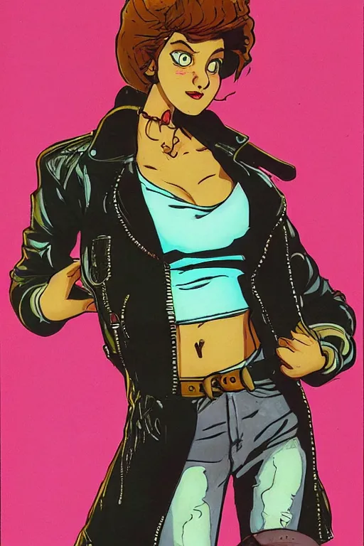 Image similar to portrait of an attractive young female protagonist, center focus, wearing leather jacket, in city street, detailed artwork by ralph bakshi