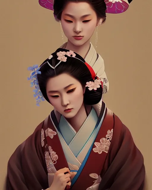 Image similar to Beautiful Geisha Portrait, character portrait art by Mandy Jurgens, 4k portrait, magical mood from japan, cgsociety