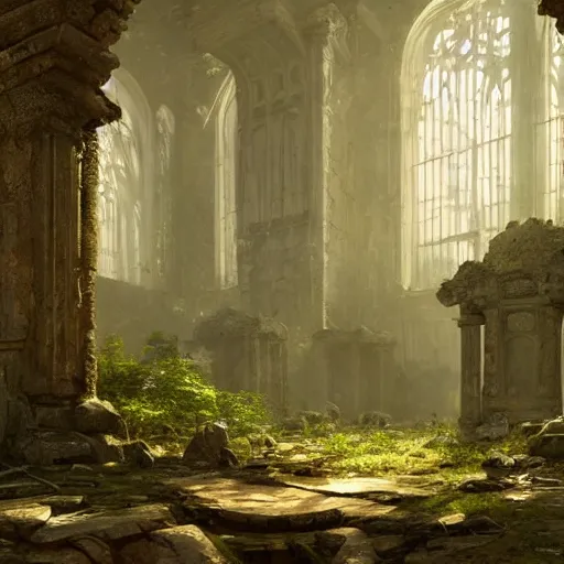 Prompt: Interior shot of abandoned temple ruins, creeping vegetation, rodents, light of the gods, artstation cgsociety In stlye of greg rutkowski in style of Gustave Dore