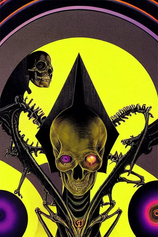 Image similar to black and yellow technicolor color risoprint, richard corben, wayne barlowe, moebius, heavy metal comic cover art, psychedelic triangular skeleton, very intricate, full body portrait, symmetrical face, in a concentric background, galactic dark colors