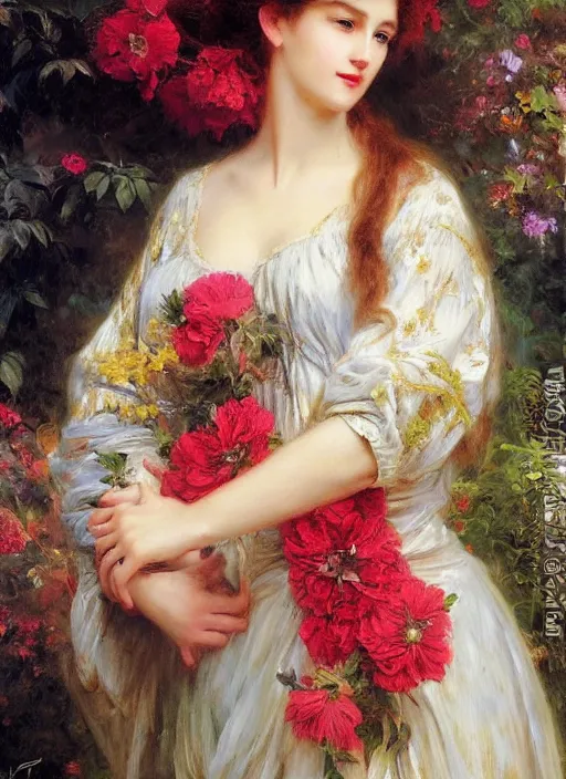 Prompt: charming beautiful woman wearing clothes from rafflesia flower and amorphophallus titanum flower by gustave dore and vladimir volegov and alexander averin and pierre auguste cot and delphin enjolras