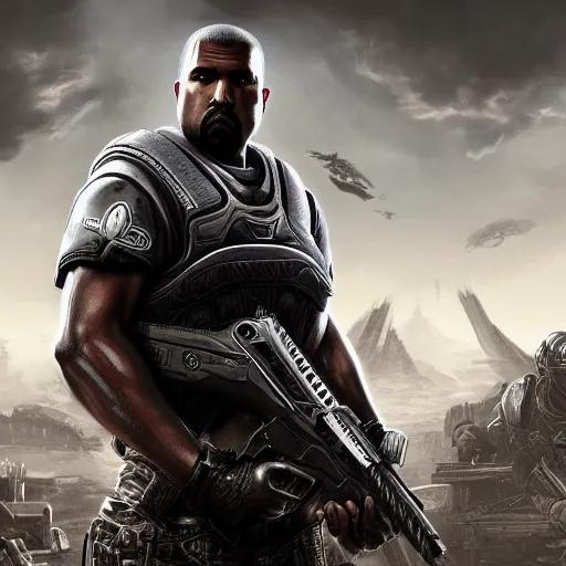 Prompt: Kanye West in Gears of War cover art, ultra wide lens shot , beautiful, DnD character art portrait, realistic, hyperdetailed, DeviantArt Artstation, cinematic lighting