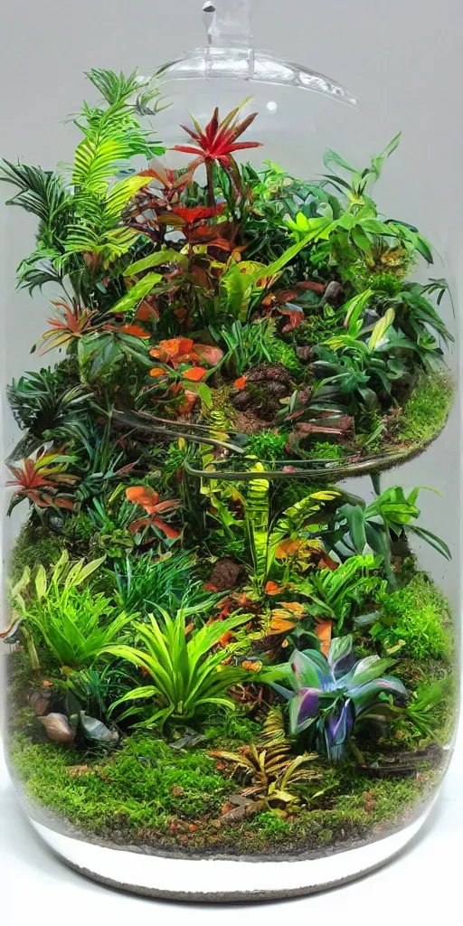 Prompt: a closed terrarium containing a miniature jungle with exotic plant life, colorful tropical plants, natural mini gardens, acrylic painting by nick garbutt, artstation, concept art, award winning,