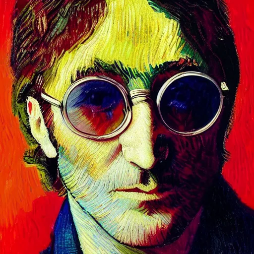 Image similar to an artistic portrait of john lennon, peaceful, friendly, high quality, studio photography, colorful, hero, heroic, beautiful, in the style of vincent van gogh