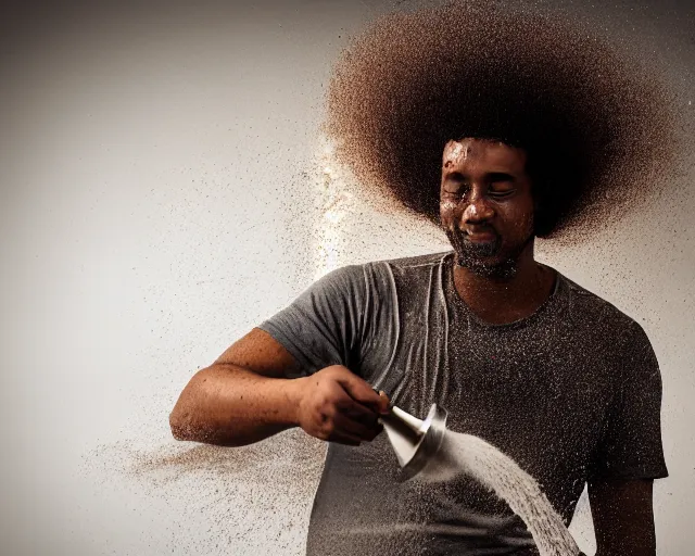 Image similar to A man with an afro mixes flour and oil then pours it down the drain, dynamic lighting, photograph