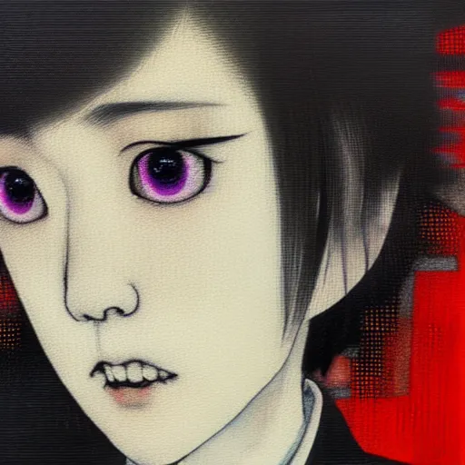 Image similar to yoshitaka amano blurred and dreamy realistic three quarter angle portrait of a young woman with short hair and black eyes wearing office suit with tie, junji ito abstract patterns in the background, satoshi kon anime, noisy film grain effect, highly detailed, renaissance oil painting, weird portrait angle, blurred lost edges