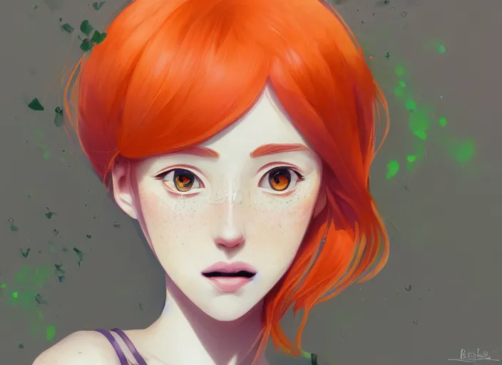 Image similar to portrait of a beautiful smiling girl with orange hair and freckles, green eyes, highly detailed, digital painting, concept art, smooth, sharp, focus, illustration. background is purple, anime key visual, lois van baarle, ilya kuvshinov, rossdraws, artstation