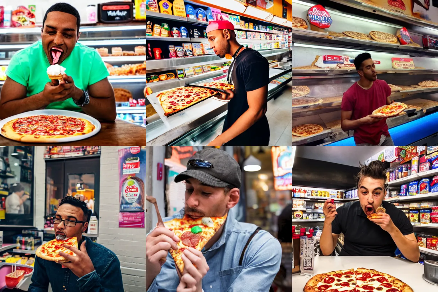 Prompt: a man eating an ice cream flavored pizza in a new york bodega shop