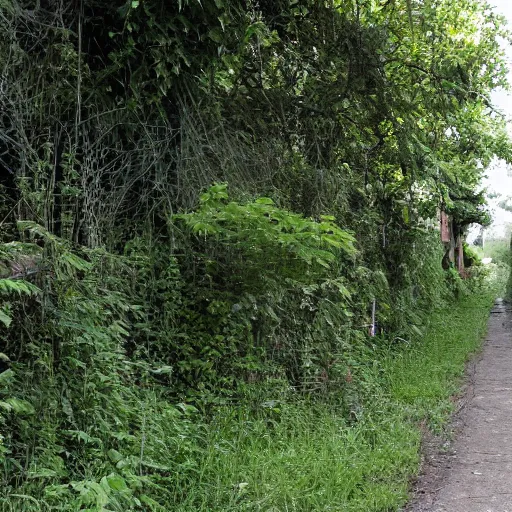 Prompt: liminal poor neighborhood, overgrown, photo taken from the street