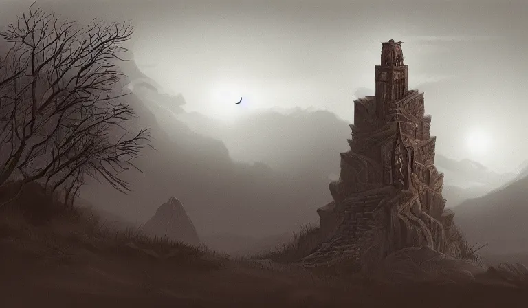 Prompt: A serene landscape with a singular building in the style of dark fantasy