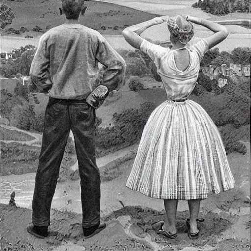 Image similar to “stunning, highly detailed portrait, very detailed, couple, from behind, blonde, remote village, from side, holding tin can, color vintage magazine illustration 1950”