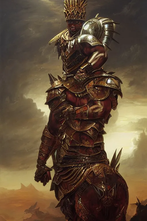 Image similar to a powerful and muscular make african warrior , half body portrait, ornate armour, realistic oil painting by Thomas Cole and Wayne Barlowe