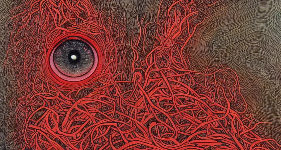 Prompt: a volcano made of ivory vines and crimson rocks enters in eruption, it spits a smoke in the shape of demonic eye, by Alex Grey ,