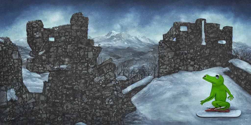 Prompt: pepe the frog snowboarding, gloomy landscape, ruins, painted by christopher radlund