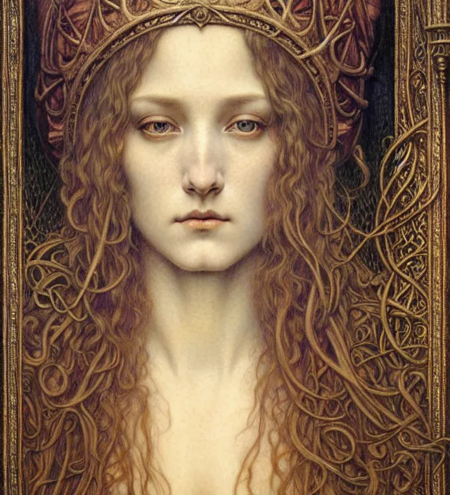 Image similar to detailed realistic beautiful young medieval queen face portrait by jean delville, gustave dore and marco mazzoni, art nouveau, symbolist, visionary, gothic, pre - raphaelite. horizontal symmetry