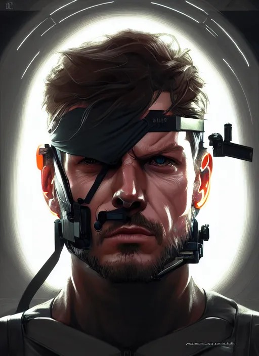 Image similar to symmetry!! portrait of solid snake, metal gear solid, tech wear, glowing lights!! intricate, elegant, highly detailed, digital painting, artstation, concept art, smooth, sharp focus, illustration, art by artgerm and greg rutkowski and alphonse mucha