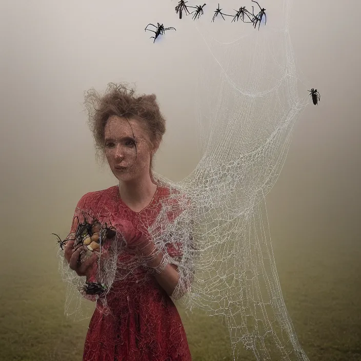 Image similar to a closeup portrait of a woman wearing dress made of spiderwebs, picking apples from a tree in an orchard, foggy, moody, photograph, by vincent desiderio, canon eos c 3 0 0, ƒ 1. 8, 3 5 mm, 8 k, medium - format print