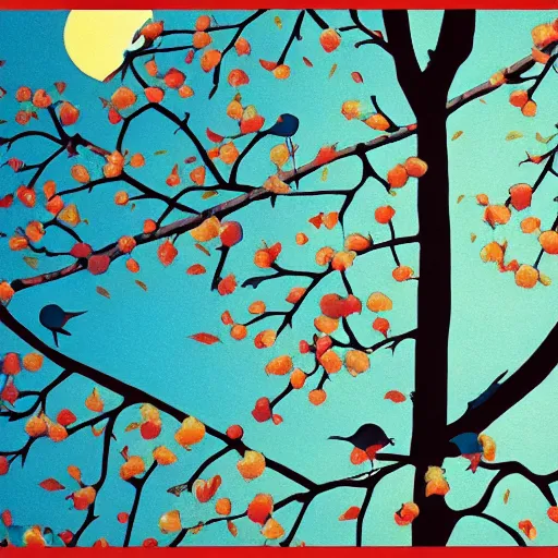 Image similar to birds on cherry tree, Changelingcore, serene, graceful, sunset photo at golden hour, Kodachrome, digital painting by M. C. Escher