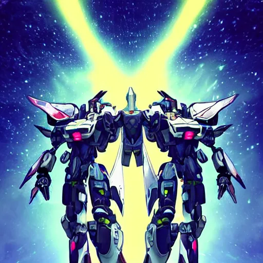 Image similar to two battle mecha in combat over a distant moon, the light of the moon reflects off the armour, it’s an incredibly detailed artwork, styled like ghost in the shell, with Japanese inspiration, they have light swords and are bright neon Colors,