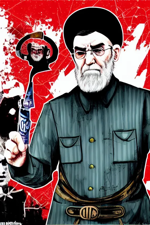 Image similar to angry ali khamenei, with index finger, clear, clear, very clear, parallel content, hyperrealistic anatomy body content, violet polsangi pop art, gta chinatown wars art style, extreme quality masterpiece, bioshock infinite art style, incrinate, 2 color, white frame, content balance proportion