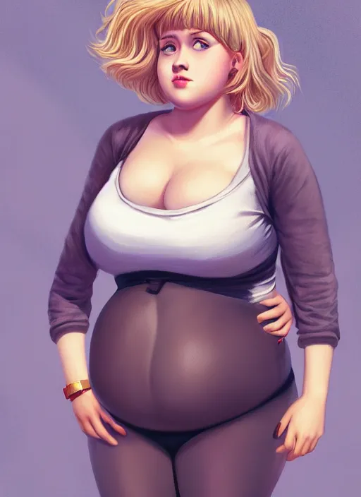 Image similar to full body portrait, teenage betty cooper, blonde hair, obese, bangs, ponytail, sultry, realistic, sultry smirk, fluffy bangs, curly bangs, fat, belly, beautiful girl, intricate, elegant, highly detailed, digital painting, artstation, concept art, smooth, sharp focus, illustration, art by wlop, mars ravelo and greg rutkowski