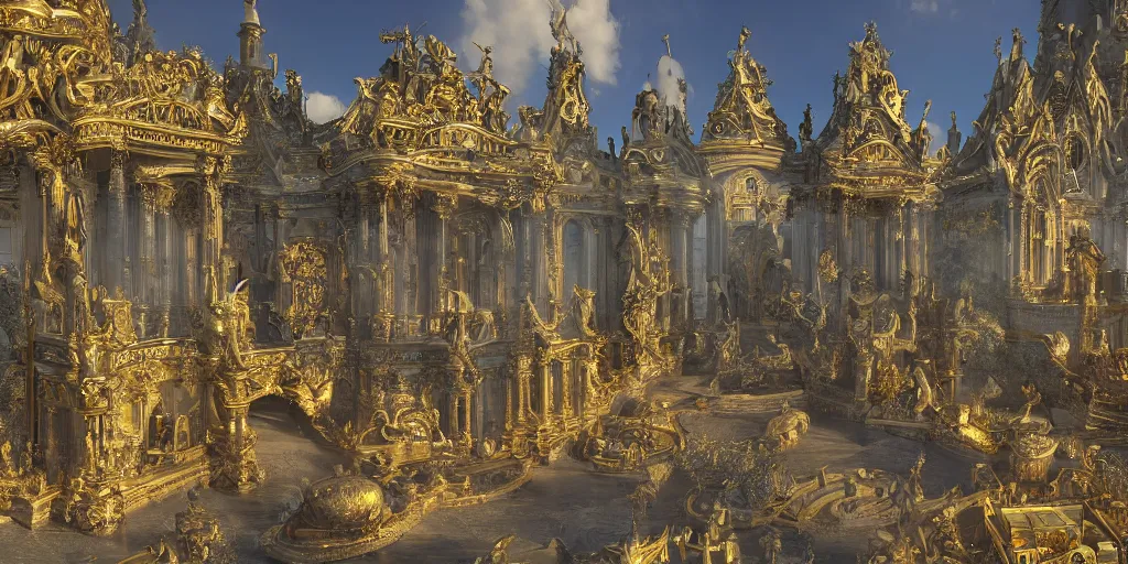 Image similar to rich fantasy city ornate, gold and marble, french elements, sand floating on a rock, shining sun, river, guilds, magic, sunlight rays, with trees and plants around Bordeaux and Britanny, trending on Artstation, 8K