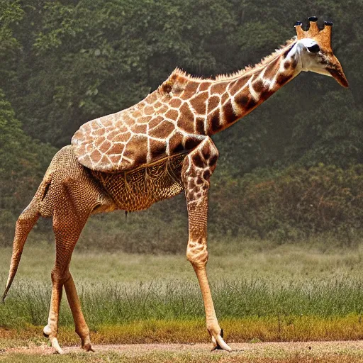 Image similar to a Giraffe with the armor of a pangolin, national geographic photograph