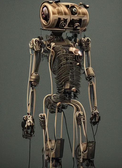 Image similar to Techno-biological rusty Japanese robot geisha consisting of wires and actuators. Biopunk, body armor, high detail, photorealism, full length view, concept art, dark background, irobot, AI (film), bladerunner 2049, Dan Mumford, Quixel Megascans, kanji tattoos and decals, octane render, 16k, 8k