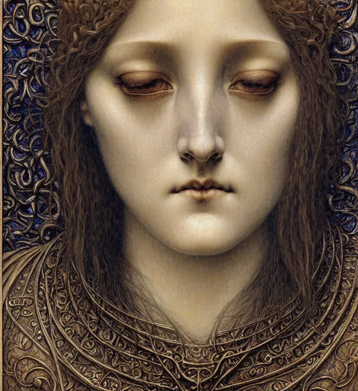 Image similar to detailed realistic beautiful young medieval queen face portrait by jean delville, gustave dore and marco mazzoni, art nouveau, symbolist, visionary, gothic, pre - raphaelite. horizontal symmetry