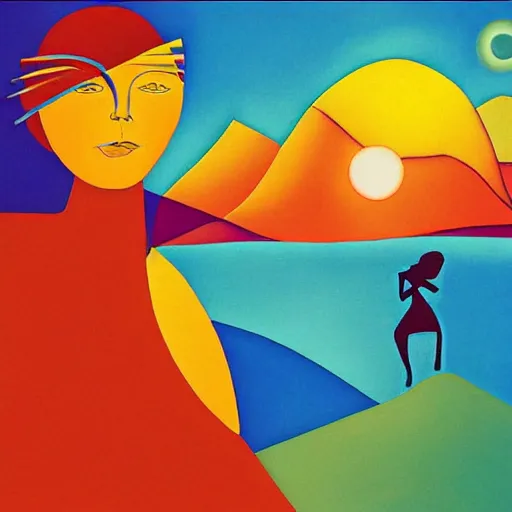 Prompt: the women gathered by the river to dance as the sun rose behind the mountains , high quality digital art in the style of cubism and georgia o’ keefe,