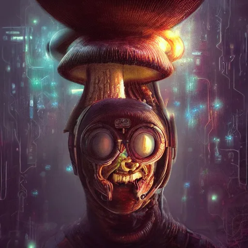 Image similar to mushroom with face, highly detailed, illustration, sci - fi art, cyberpunk, epic, realistic, intricate, hyper detailed, beautiful lighting, emotional, artstation, concept art, smooth, sharp focus, ray tracing