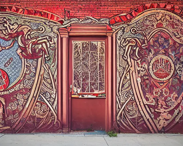 Image similar to photo of an outdoor mural from the early 1 9 0 0 s in the style of art nouveau, red curtains, art nouveau design elements, art nouveau ornament, brick wall, opera house architectural elements, painted on a brick wall, outdoor mural, mucha, masonic symbols, masonic lodge