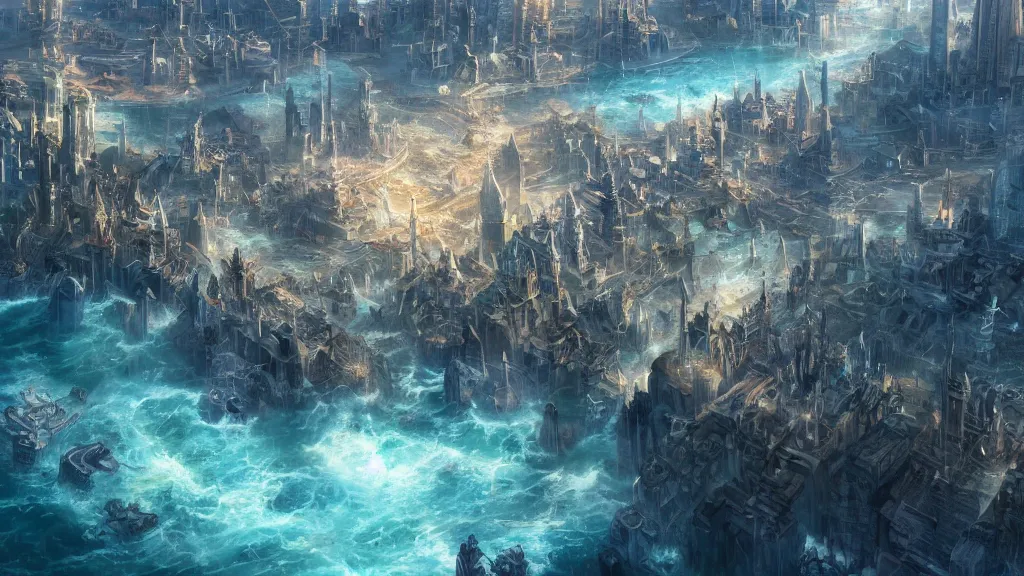 Prompt: A large Fantasy city in the middle of the ocean, trending artstation, 8k, highly detailed, matte painting, concept art