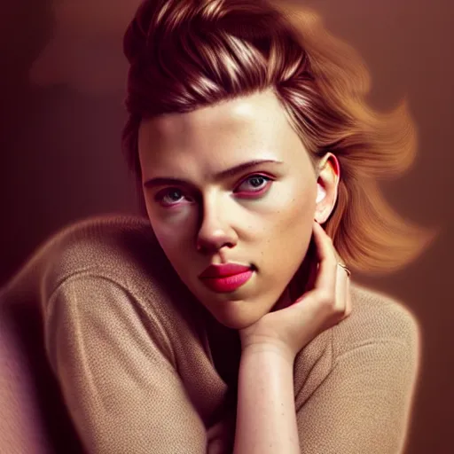 Prompt: intricate beautiful portrait of a young scarlett johansson,, hair in a ponytail, smiling softly, casual clothes, relaxing on the couch, home interior, golden hour, close up shot, 8 k, hyperreal art by irakli nadar, hyperrealism, hyperdetailed, ultra realistic