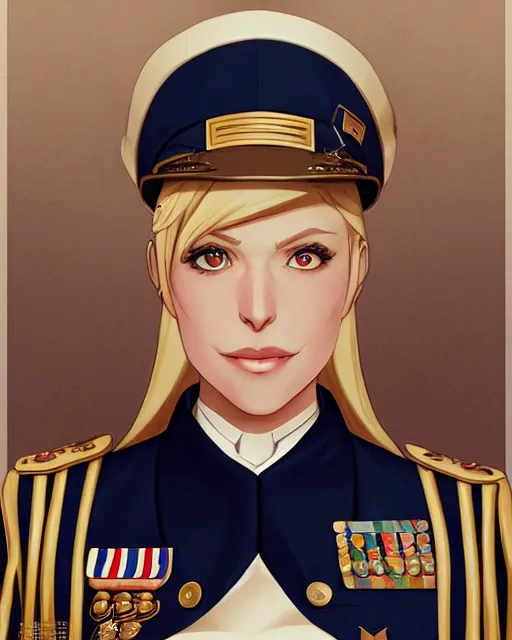 Prompt: A blonde woman in a navy blue military dress uniform, visualartzi, dieselpunk, anime, concept art by Karla Ortiz, James Paick, Charlie Bowater, Krenz Cushart, highly detailed, ultra detailed, ultra realistic, trending on artstation, cgstudio