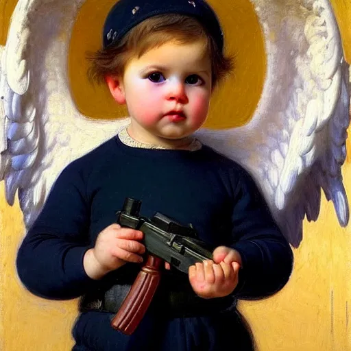 Image similar to full body portrait of a baby cupid with angel wings wearing balaclava mask, holding a gun, emile munier 1 8 9 5, french, cupid, boy, angel, painting, global illumination, radiant light, detailed and intricate environment h 6 4 0