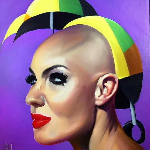 Image similar to oil painting of bald britney about to attack you with an umbrella